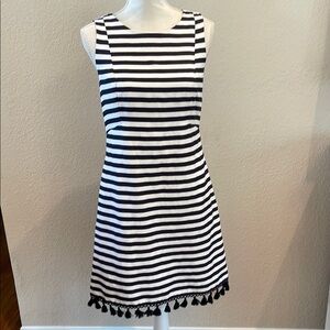 Stylish ELIZA J Navy and White Striped Silk Blend Dress with tassel hem
